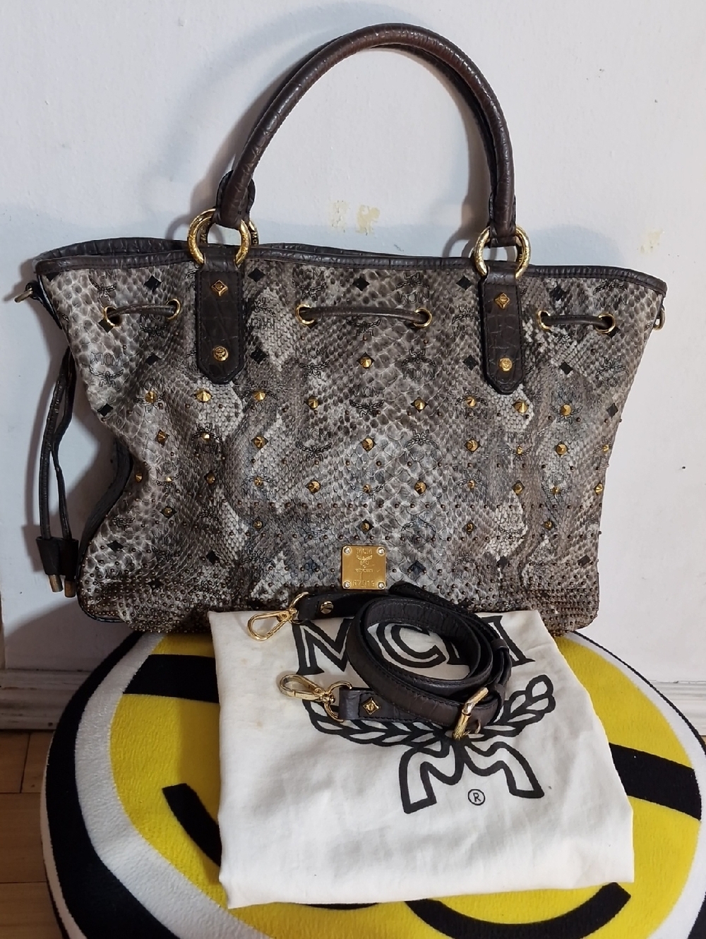 MCM Limited Edition Snakeskin Pattern Gold-tone Stud